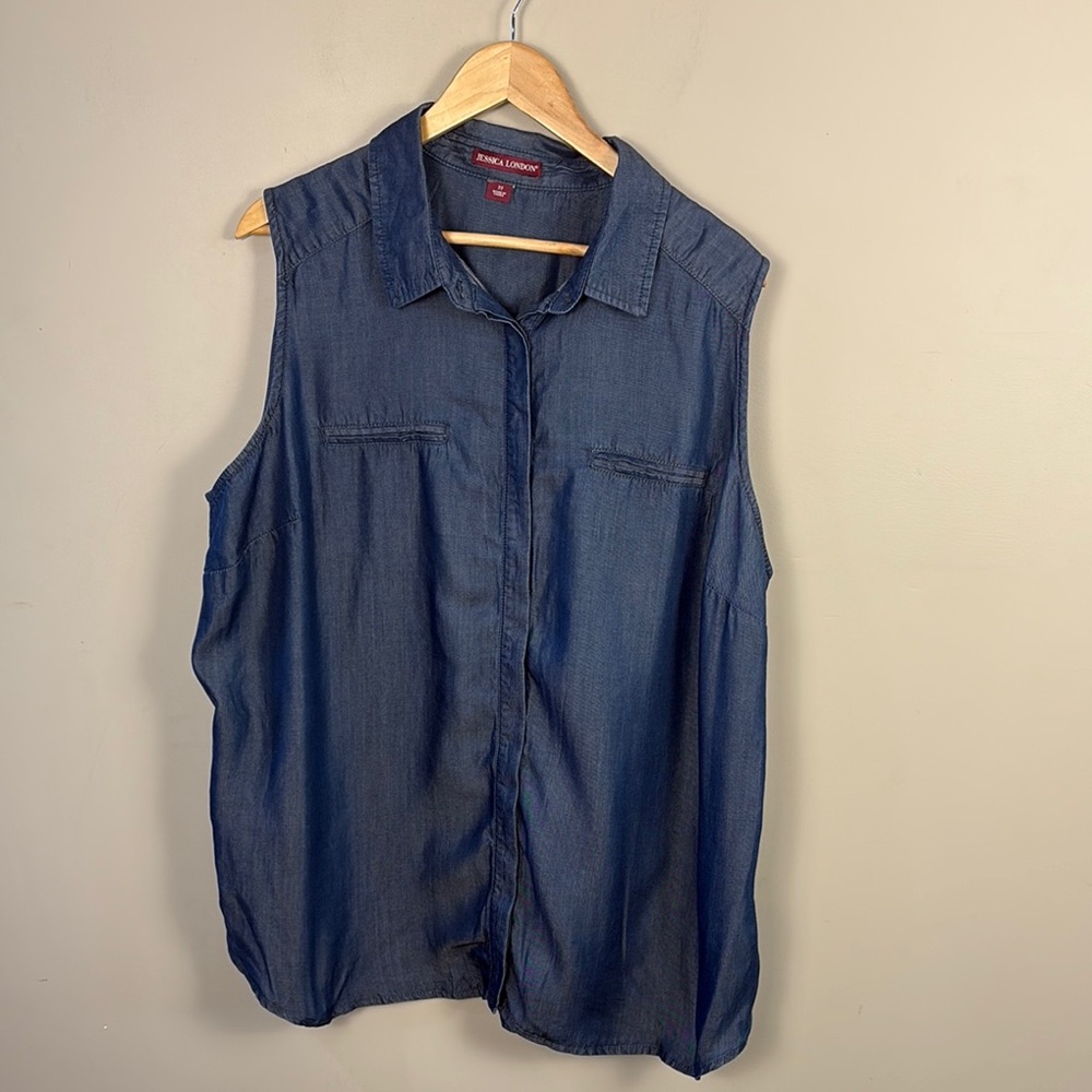 Jessica London Chambray Sleeveless Button-Up Shirt Women's 22 Sheen Flowy Soft